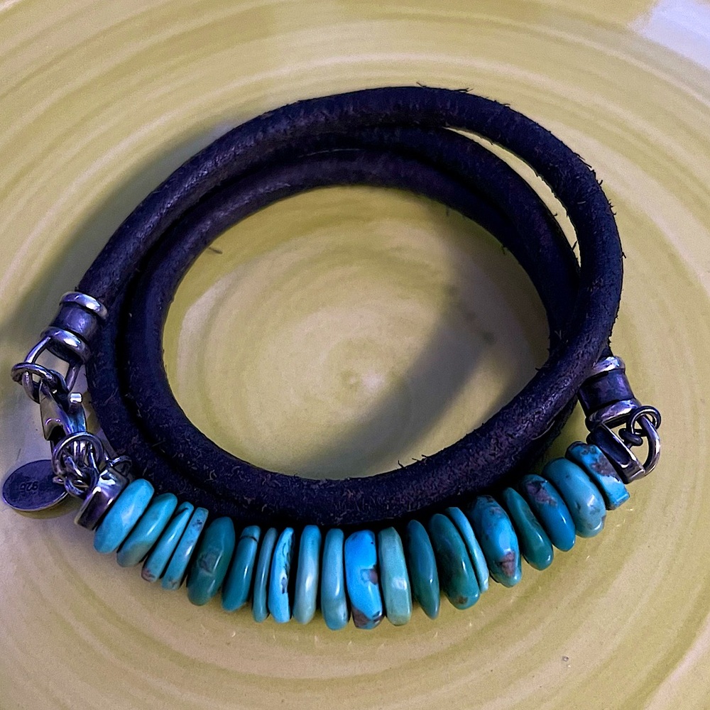 Arizona Turquoise three wrap bracelet on antique brown leather sterling silver